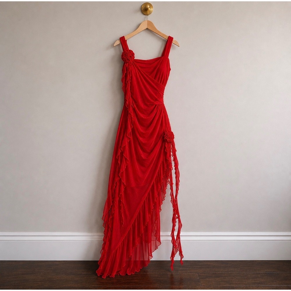Red Ruffle Rosette Mesh Maxi Dress Asymmetrical Ruched Prom Gown Medium